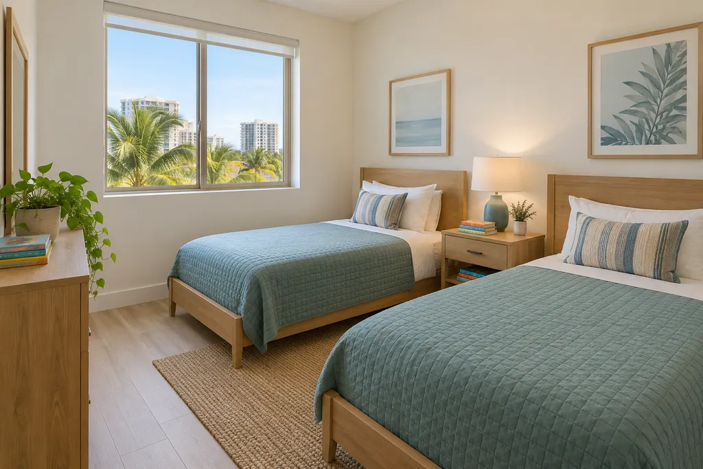 Two beds with blue covers and pillows in a room with a view of the city.