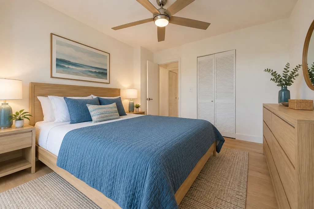 A bedroom with a bed, nightstands, a ceiling fan, and a dresser.