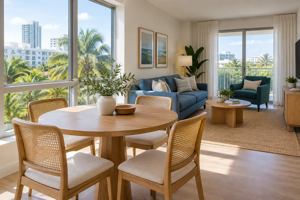 A living room with a blue sofa, a dining table, and large windows.
