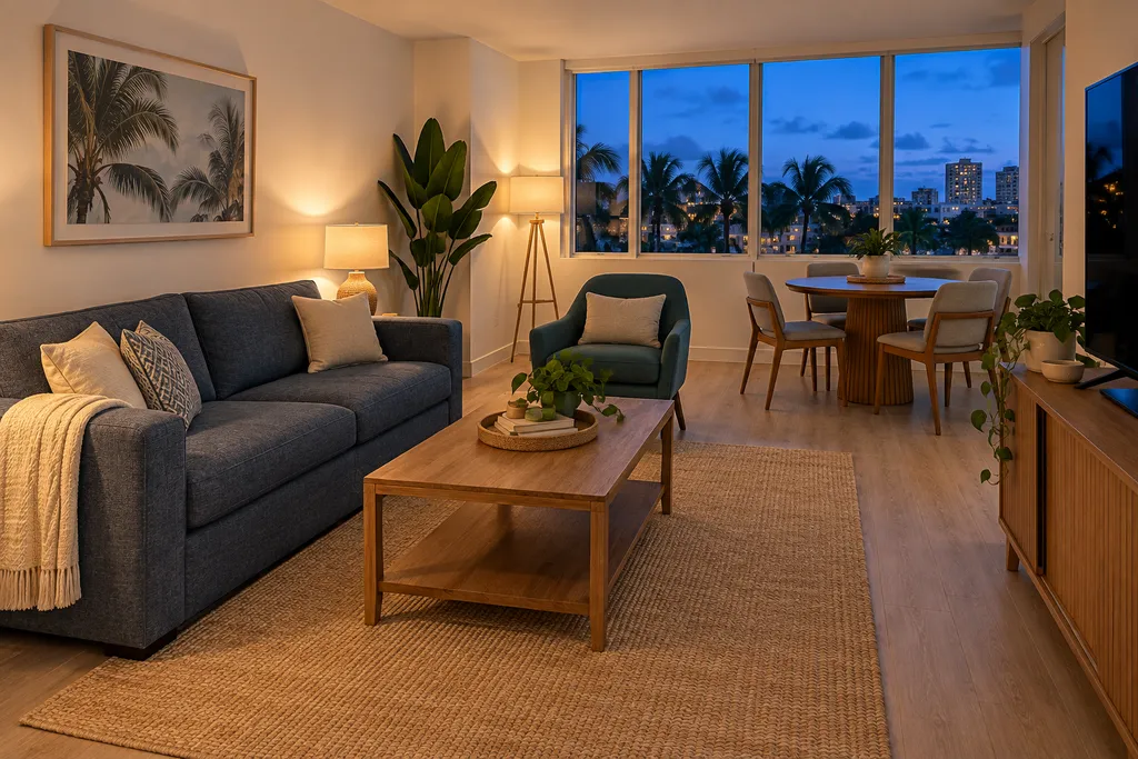 A living room with a couch, coffee table, and a view of the city at night.
