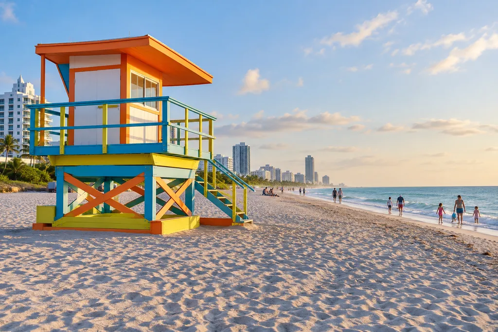 Colorful lifeguard tower on a sandy beach with people walking and a city skyline.