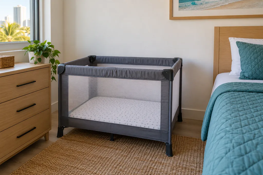A bedroom with a crib, a dresser, and a bed.