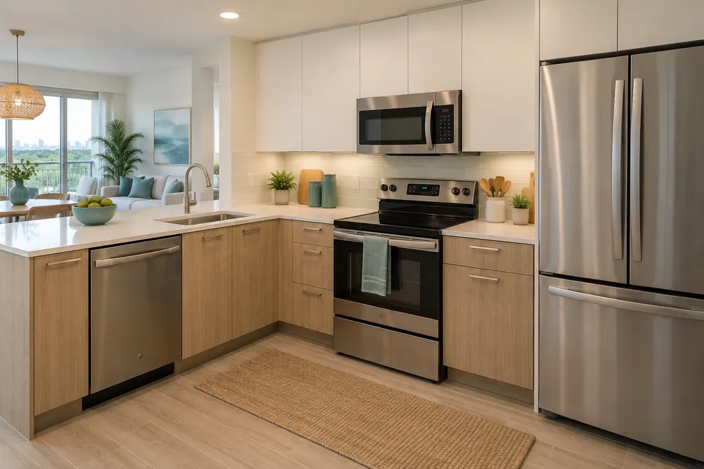 Modern kitchen with wooden cabinets, stainless steel appliances, and a large window.